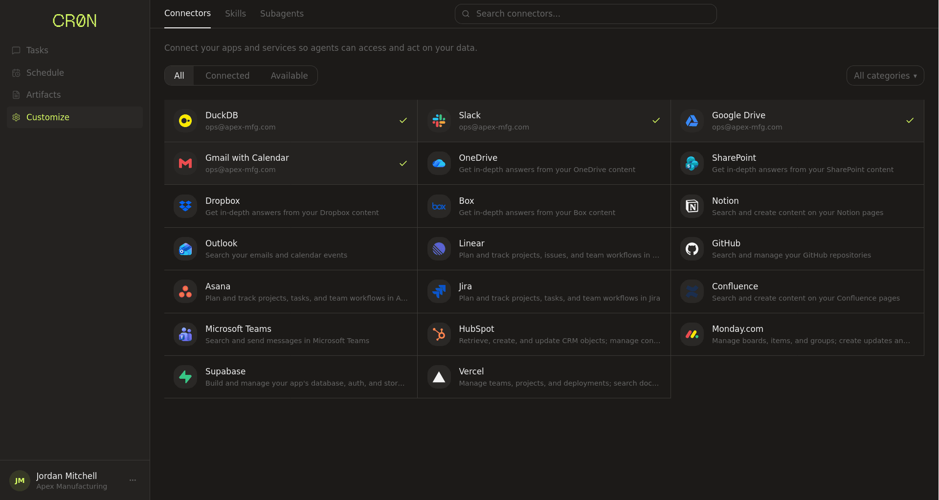Connectors page showing integrations with Slack, Google Drive, Gmail, GitHub, Notion, and more