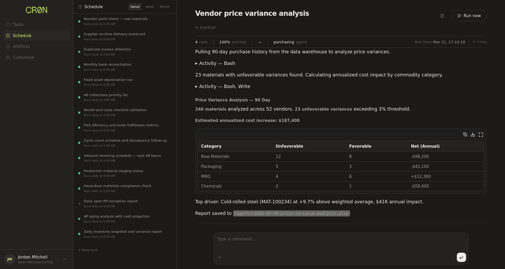 Run log showing full execution trace with tool calls and structured output