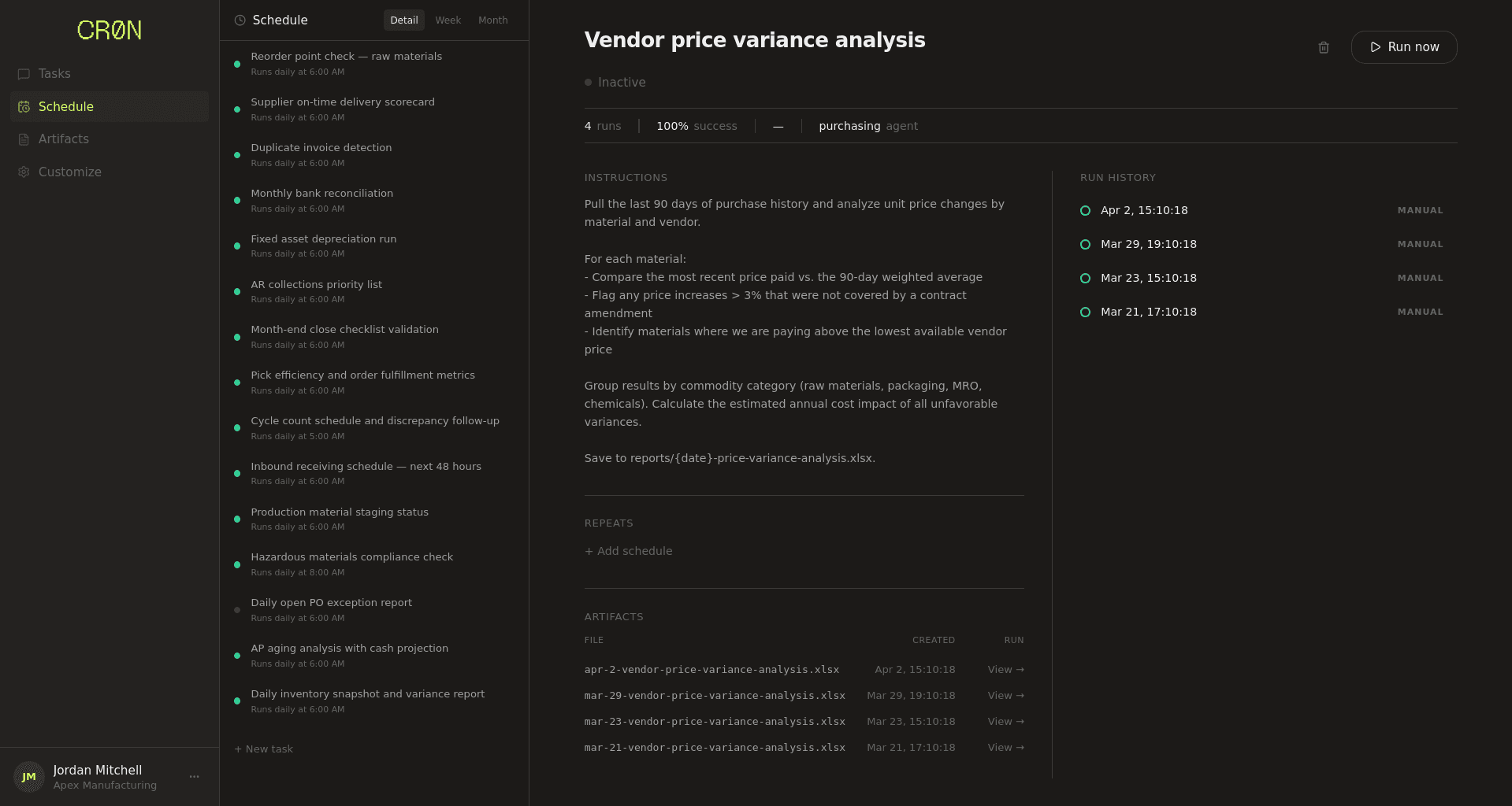 Task detail view showing run history, artifacts, and schedule configuration