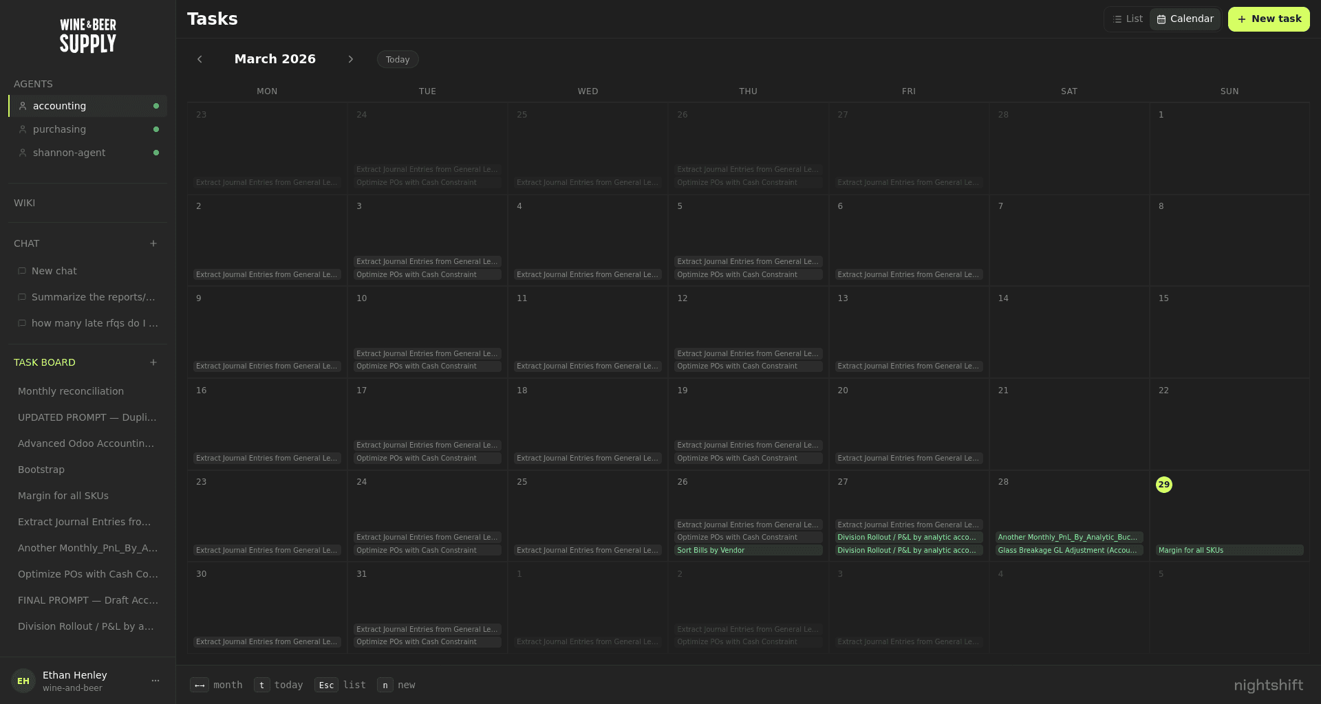 Calendar view of scheduled agent tasks